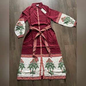 NWT Garrie B Floral Print Button Up Maxi Dress With Pockets & Belt Size Large